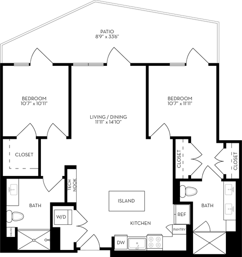 Floor plan for 2 beds, 2 baths, 1087 sqft